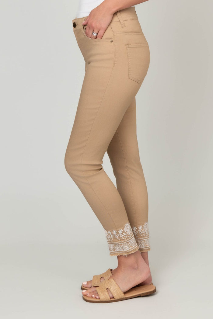 Khaki Fray Ankle Embroidered Pants
