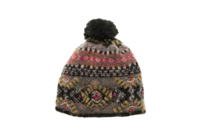 French Knot Cozy Fairisle Hat - Black