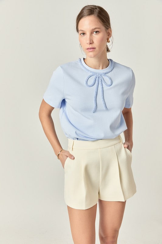 Beaded Bow Tee Shirt by English Factory