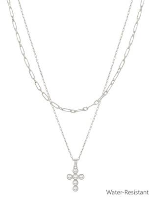 Silver Layered Pearl Cross Necklace - Water Resistant