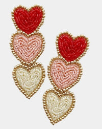 Triple Hearts Seed Bead Dangle Earrings Valentine's Day