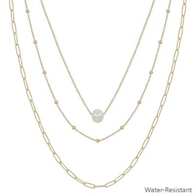 Triple Layered Gold & Pearl Beaded Necklace - Water Resistant