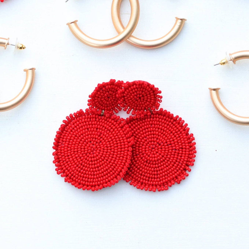 Red Beaded Disc Earrings