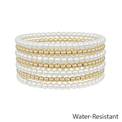 Gold and Pearl Beaded Stretch Bracelet Set - Water Resistant
