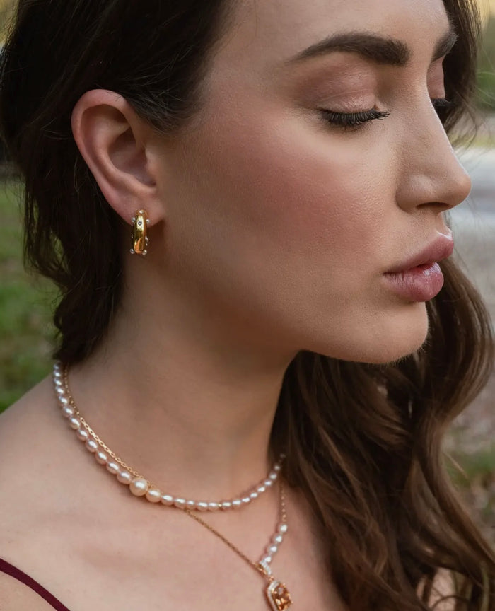 Pearl and Crystal Embellished Gold Hoops