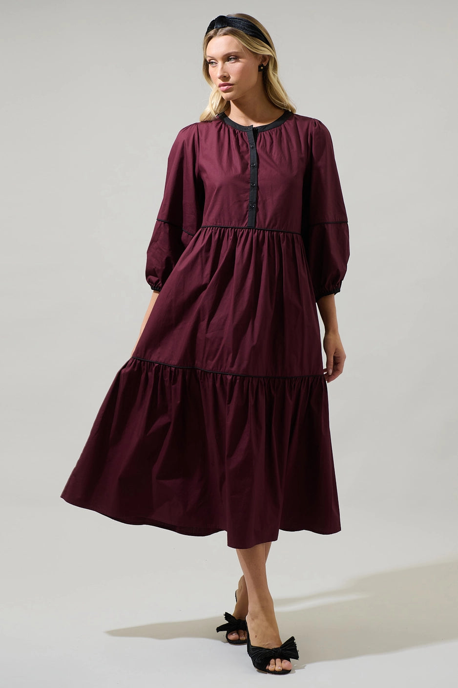 Merlot Saddy Balloon Sleeve Button Up Midi Dress