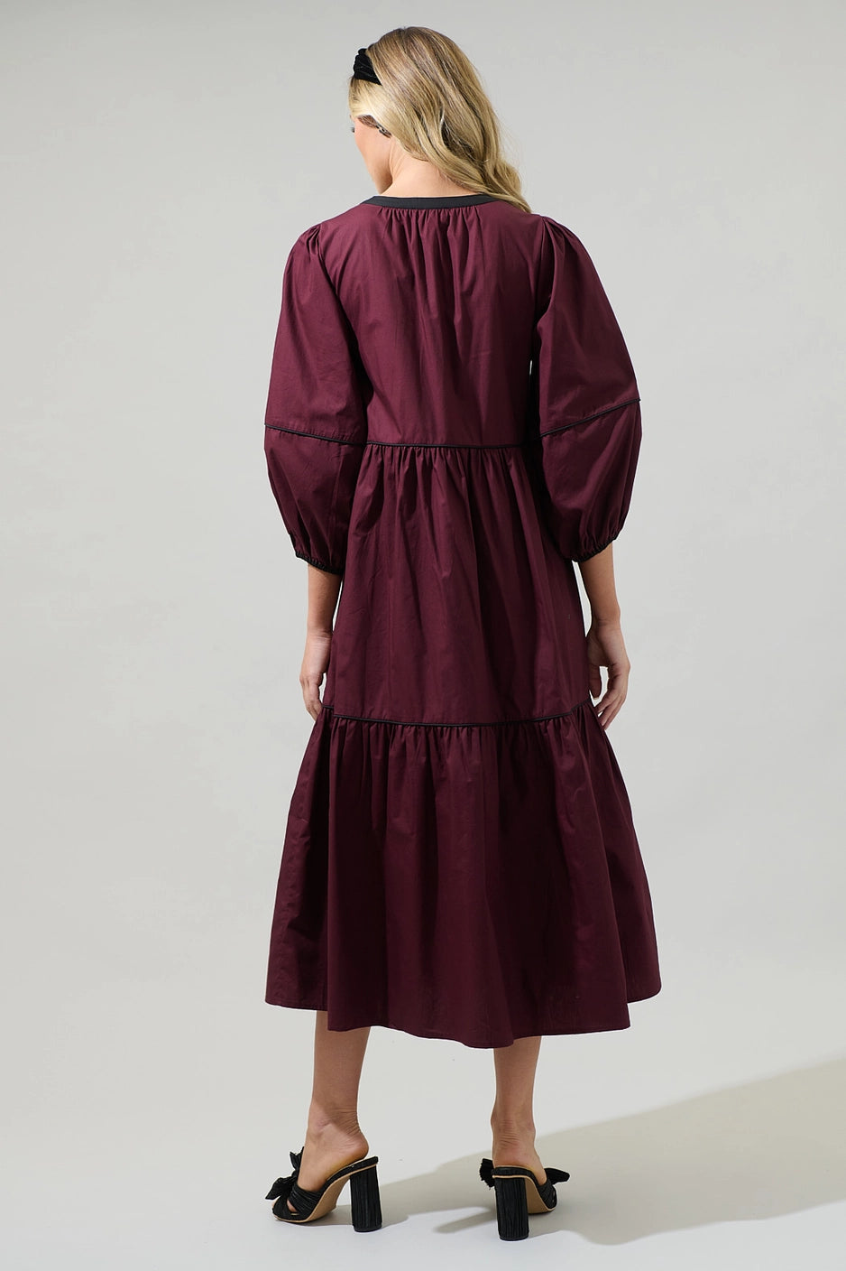 Merlot Saddy Balloon Sleeve Button Up Midi Dress