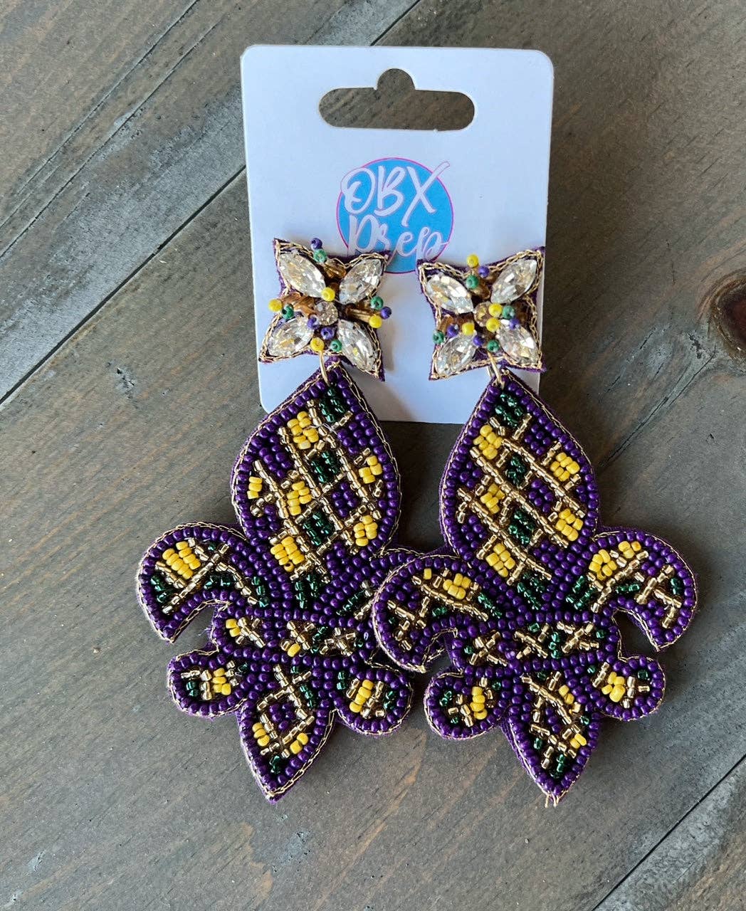 Mardi Gras Fleur de Lis Seed Beaded Dangle Earrings