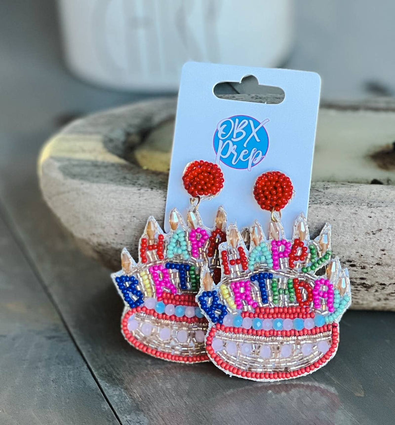 Birthday Cake with Candles Seed Beaded Dangle Earrings