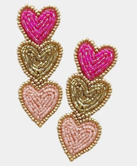 Triple Hearts Seed Bead Dangle Earrings Valentine's Day