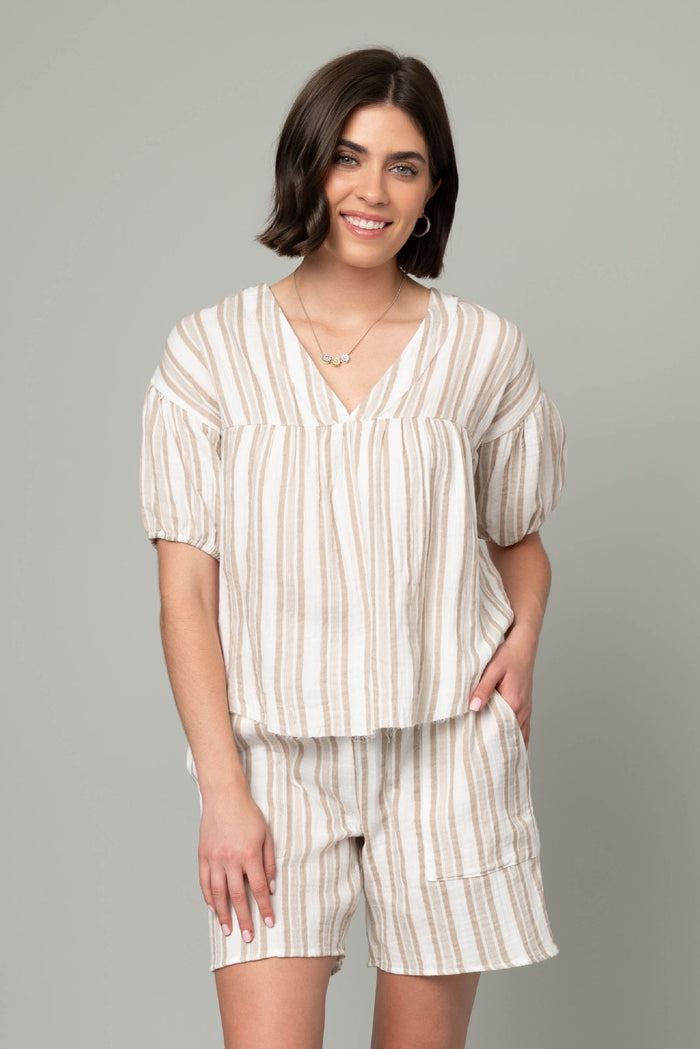 Airy Cotton Gauze V-Neck Puff Sleeve Top