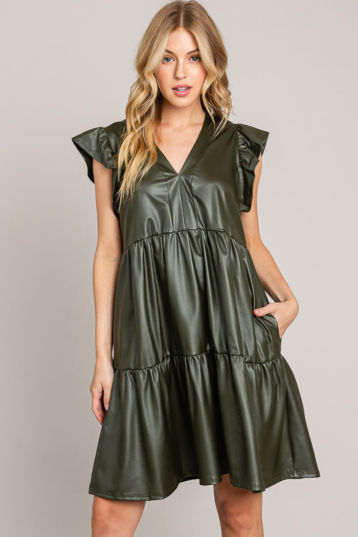 Olive Faux Leather Swing Dress