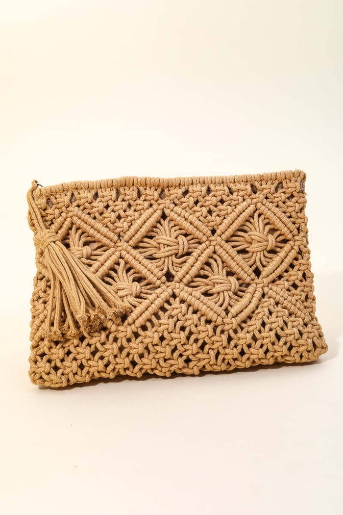 Tan Crochet Clutch Tassel Bag