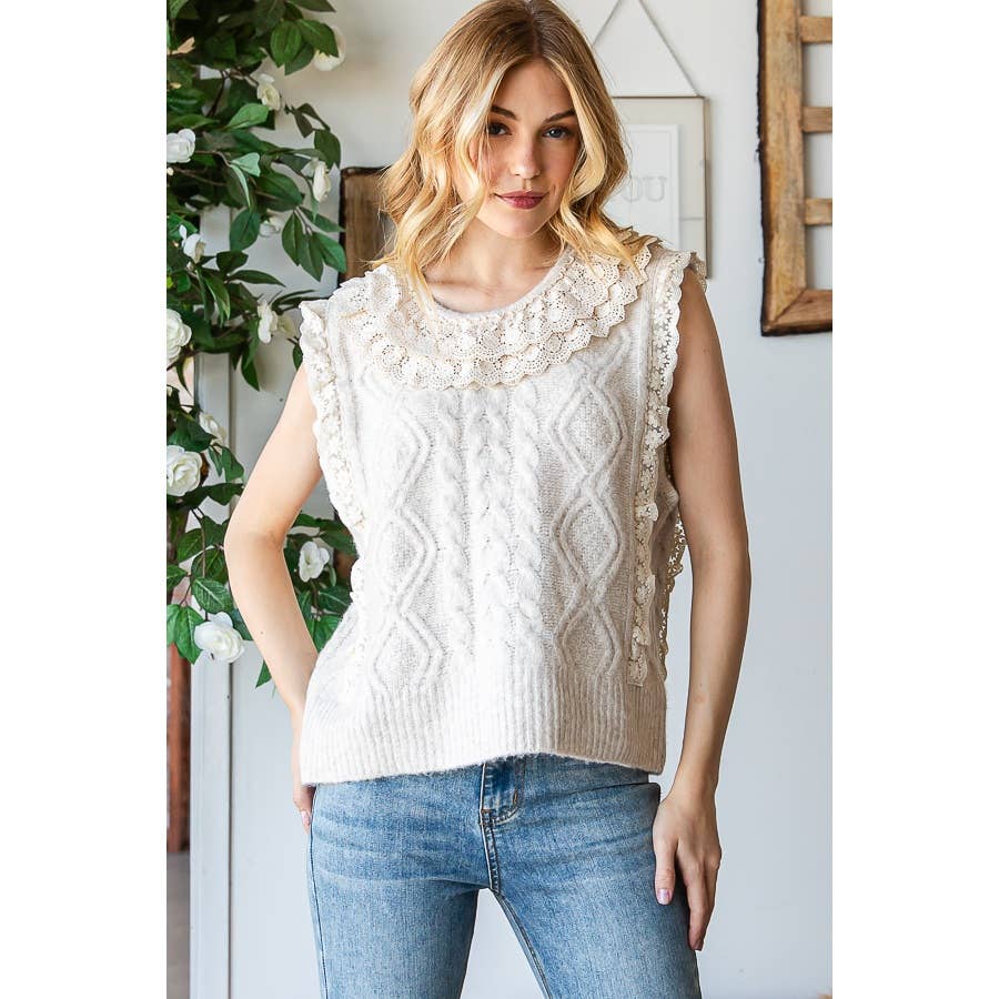 Cable Knit and Lace Trim Sweater Vest by Oli & Hali